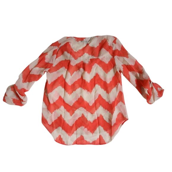 Almost Famous Orange White Chevron Print Sheer Roll Tab Sleeve V Neck Top sz S - Picture 1 of 12